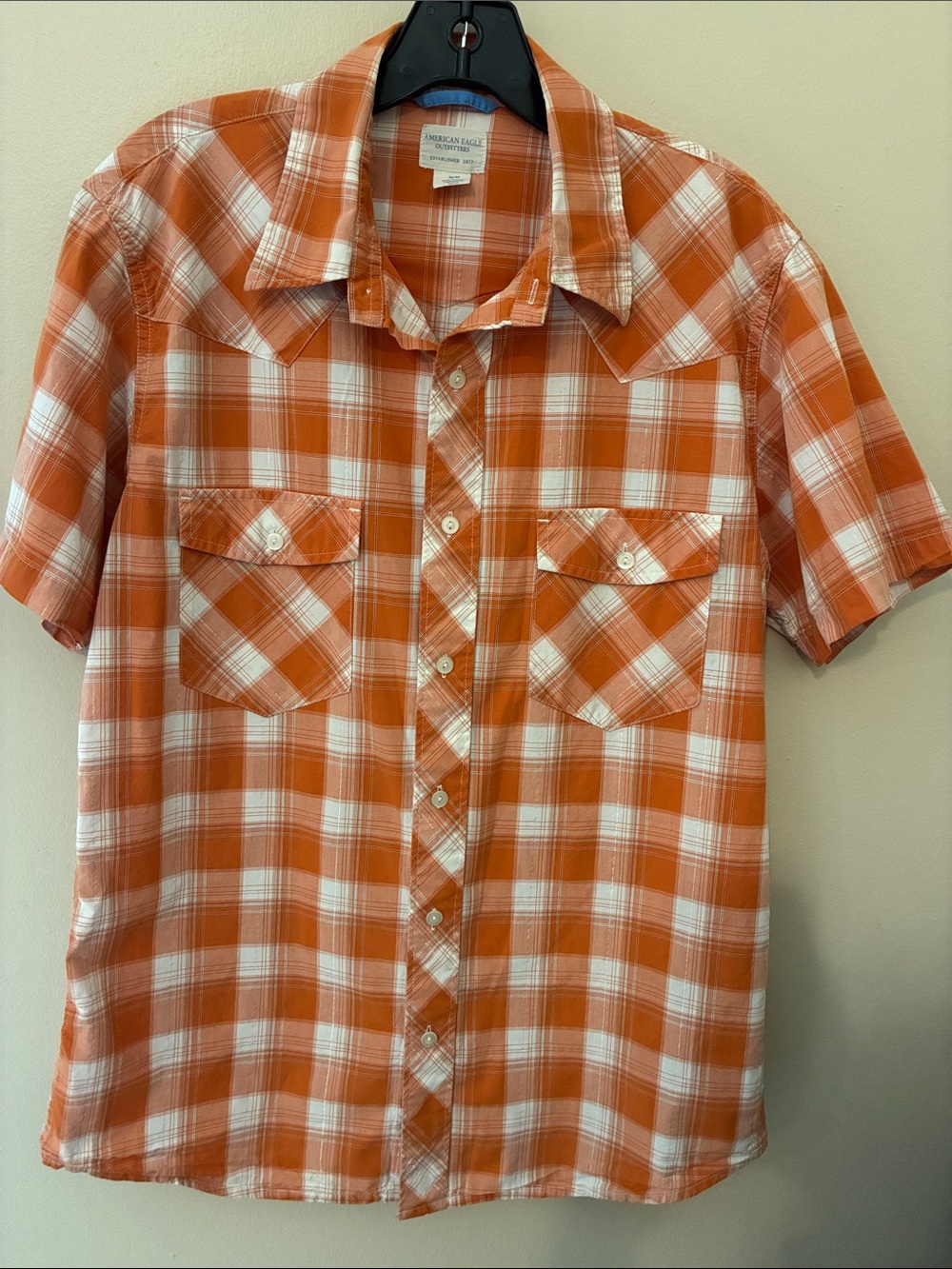 American Eagle Outfitters Orange and White Plaid Short-Sleeve Button-Up